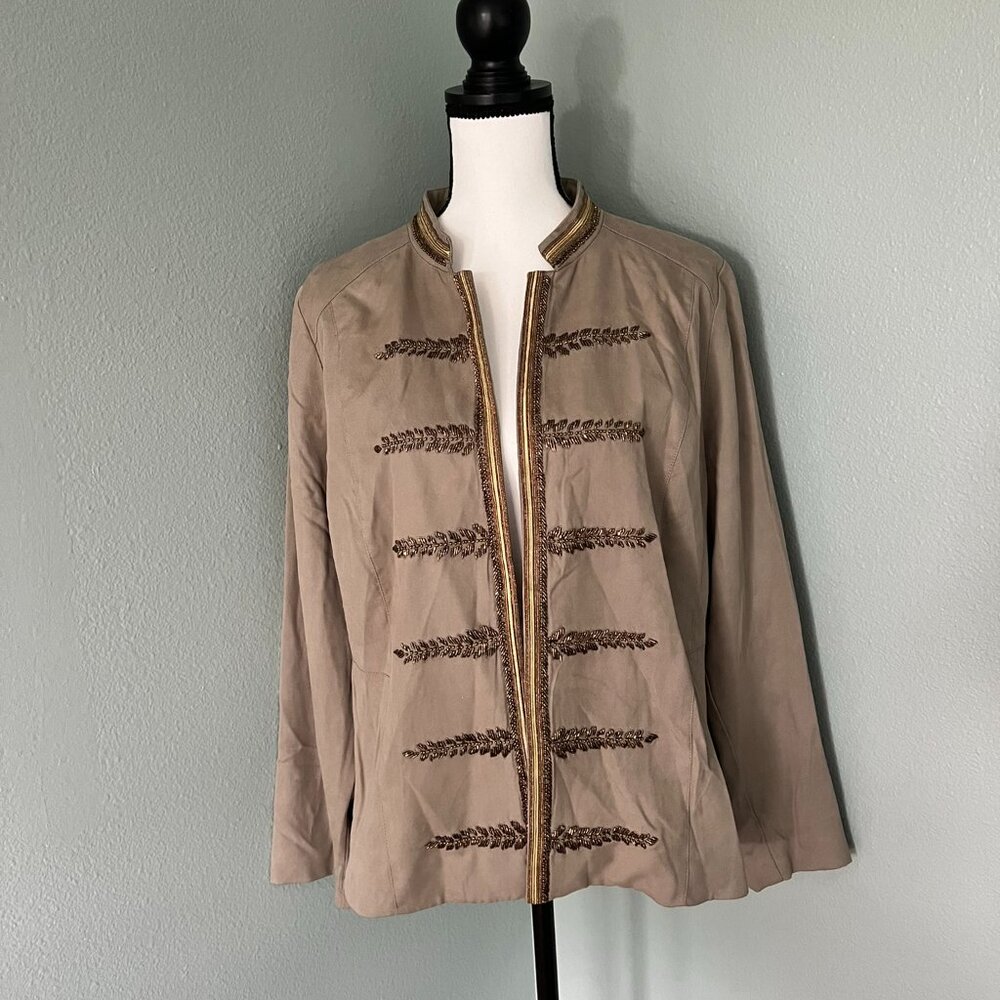 Chicos Gold Beaded Novelty Embellished Military Style Jacket Coat Size 2 Khaki